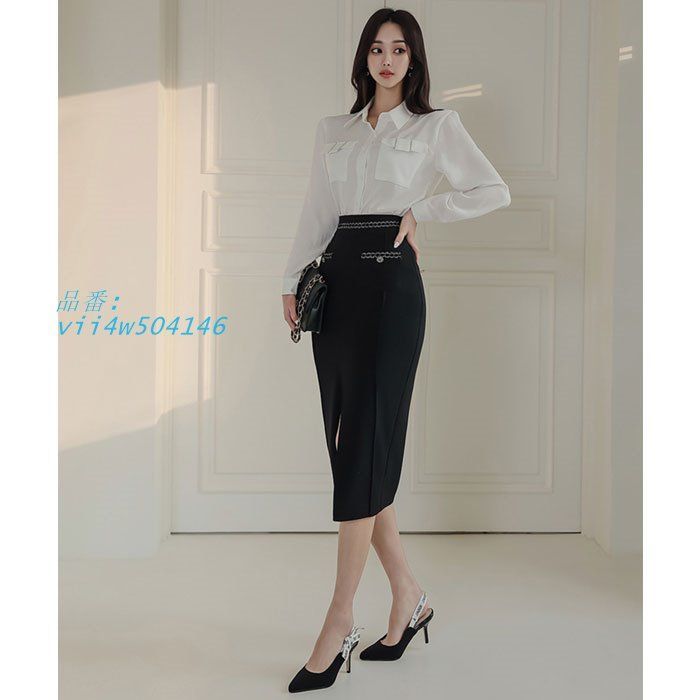 襟付き長袖ブラウス ミディ丈スリットタイトワンピース 白×黒 韓国 レディース ファッション vii4w504146