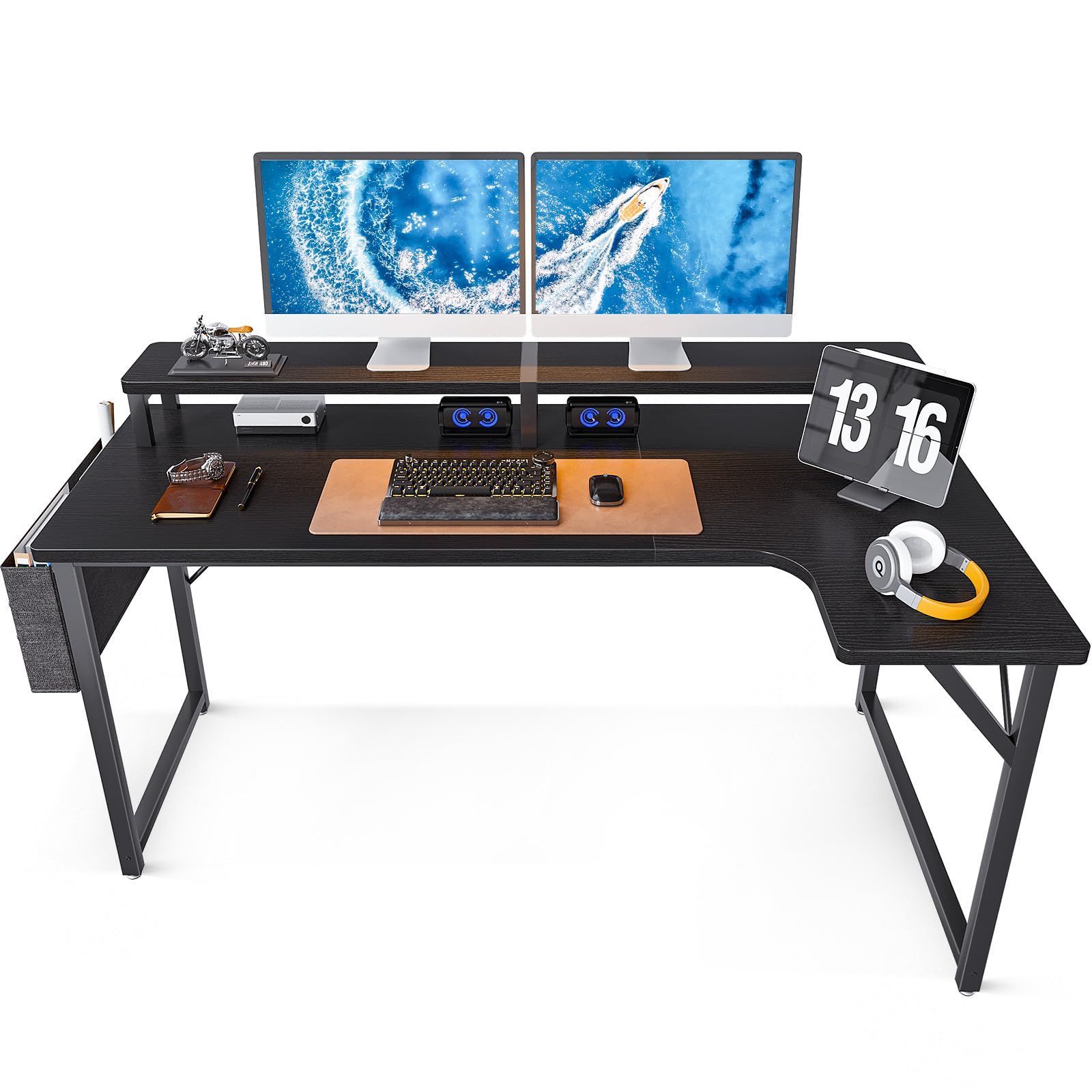 机 pcデスク モニター台付き 幅140cm 収納袋付き L字型 パソコンデスク ワークデスク desk l字デスク ゲームデスク ??? ゲーミングデスク 省スペース 在宅ワーク ODK 一人暮らし ブラック