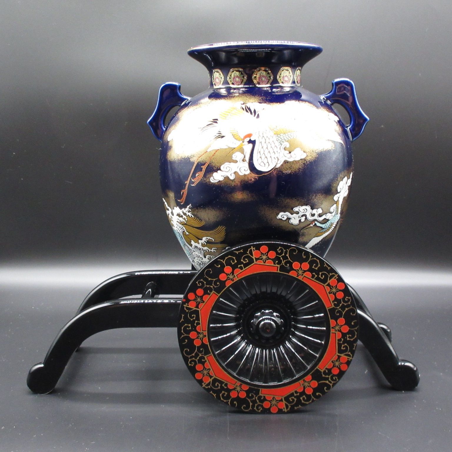 ☆陶器 陶磁器 九谷焼 明陶窯 御所車 鶴絵 花器 花生 花瓶 飾壺 【箱