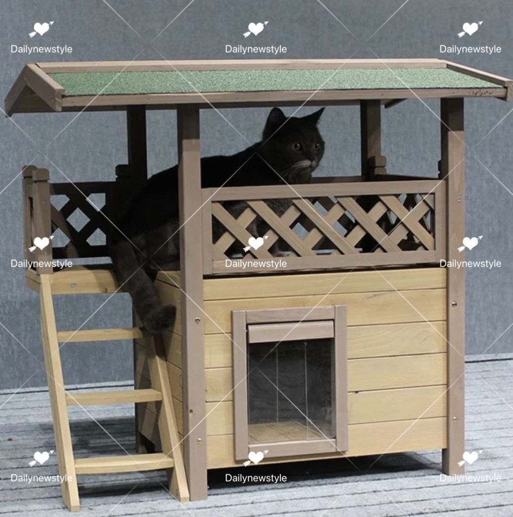 人気推薦◆木製キャットハウス屋外防水ペットハウス2階建てキャットハウスキャットヴィラ階段付きハウスキャットハウスドアフラップ付き