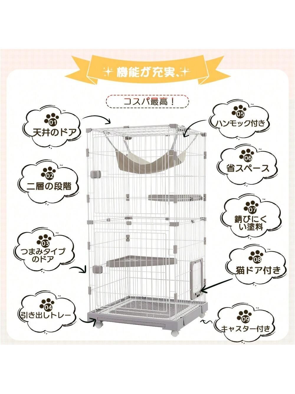 猫 ケージ キャットケージ 2段 幅広設計自由組み合わせ トレー付き 猫