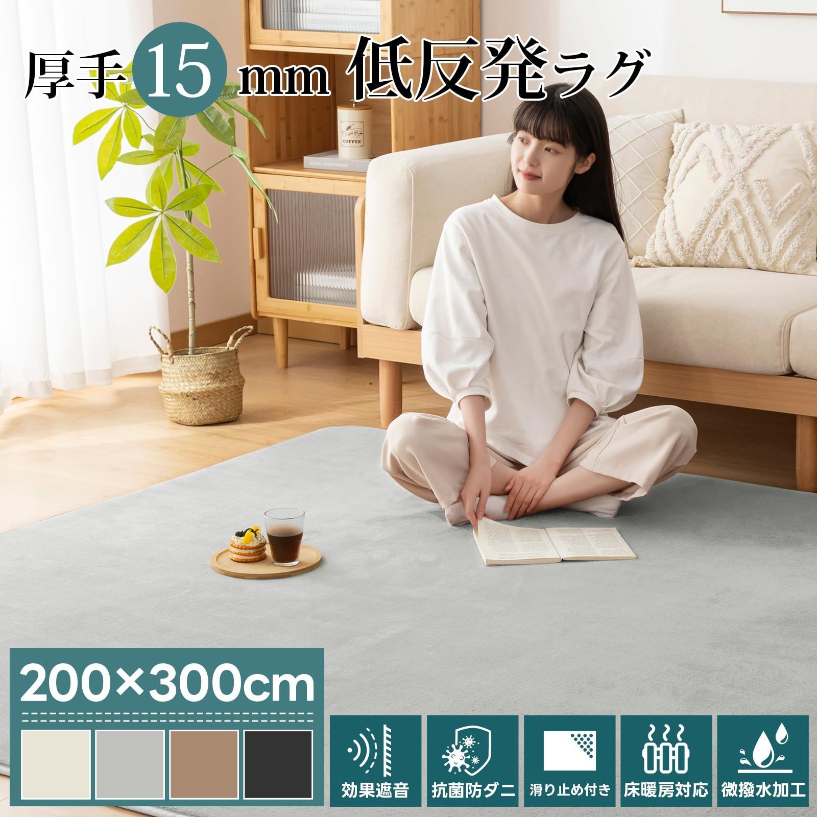 Housecover カーペット ラグ 低反発 ラグマット 厚手 15mm 絨毯 防音 200×300cm 約4.5畳 滑り止め付 防ダニ 抗菌 防臭 地毯 オールシーズン快適 床暖房 ホットカーペット対応 じゅうたん リビングマット グレー