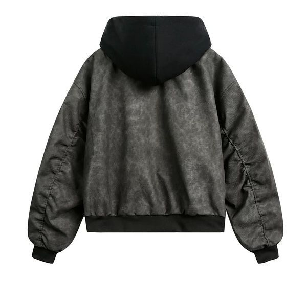 hアメリカンヴィンテージ風 ハード系ルーズ フェイクレイヤード フード付き PUレザージャケット｜ユニセックス ショート丈 カジュアル