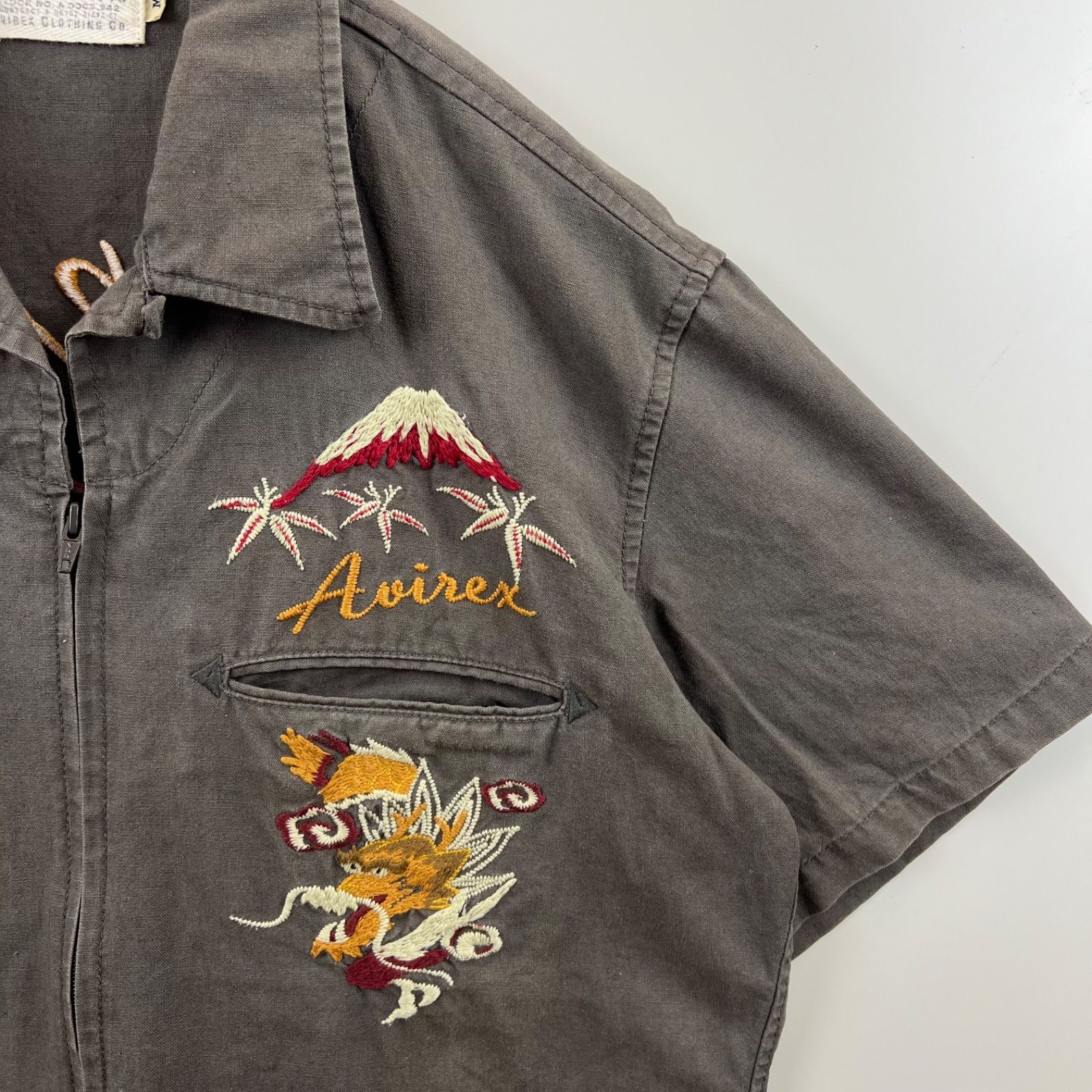 アヴィレックス 刺繍入り 開襟シャツ スカシャツ ブラック M 龍 虎 富士 アヴィレックス 刺繍入り 開襟シャツ スカシャツ ブラック XL 龍