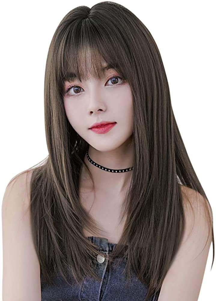 ミディアム 女装 かつら 可愛い ファッション 自然 グラデーション 耐熱 セミロング ぱっつん前髪 ウィッグ ウィッグ フルウィッグ レディース ネット付き 小顔効果 黒髪 ストレート (黒に近