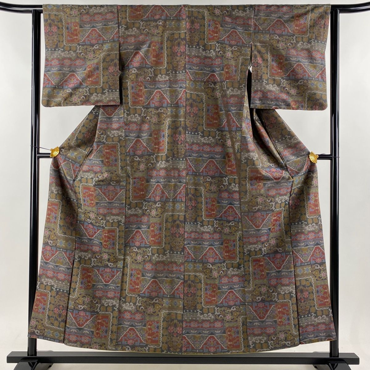 大島紬 身丈156cm 裄丈63cm S 袷 草花 茶紫 正絹 秀品