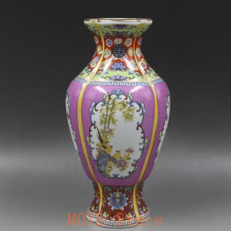琺瑯彩蒔絵花鳥六方賞瓶 挿花器 景徳鎮 陶磁器 装飾品 現代工芸品 美術品 置物 琺瑯彩蒔絵花鳥六方賞瓶 挿花器 景徳鎮 陶磁器 装飾品 現代工芸