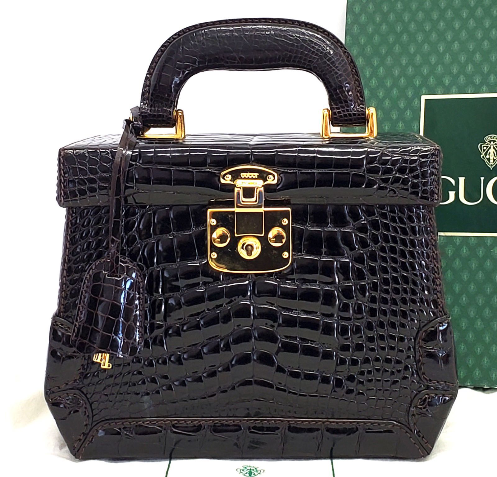 D2361◇ほぼ未使用【グッチ GUCCI】バニティ 化粧かばん クロコダイル 