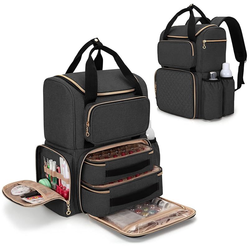 Luxja マニキュア収納 リュック 70ボトル用 仕切り 2つの取り外し なポーチ付き ネイルライト 収納 マニキュアケース 3WAY 持ち運び ブラック 1