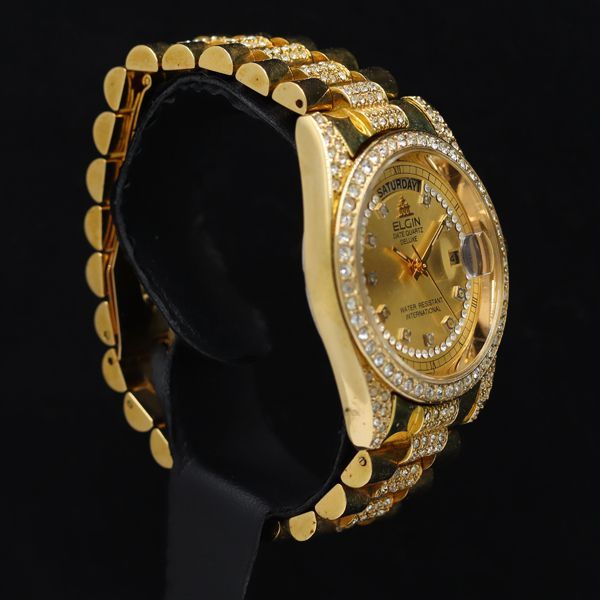 稼働 エルジン FK-642-A ストーンベゼル デイト QZ ゴールド文字盤