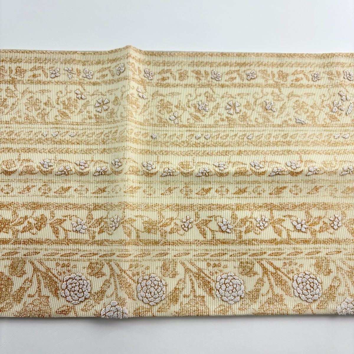 袋帯 秀品 夏帯 絽 草花 相良刺繍 金彩 クリーム お太鼓柄 正絹