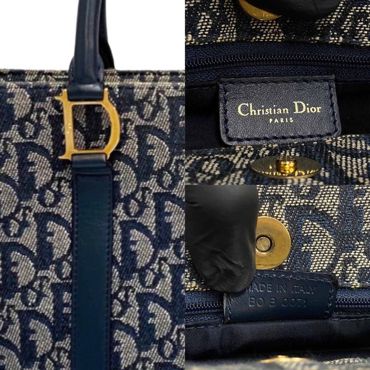 極 美品 Christian Dior クリスチャンディオール トロッター CD ロゴ キャンバス レザー ハンドバッグ ミニ トートバッグ ネイビー  78679