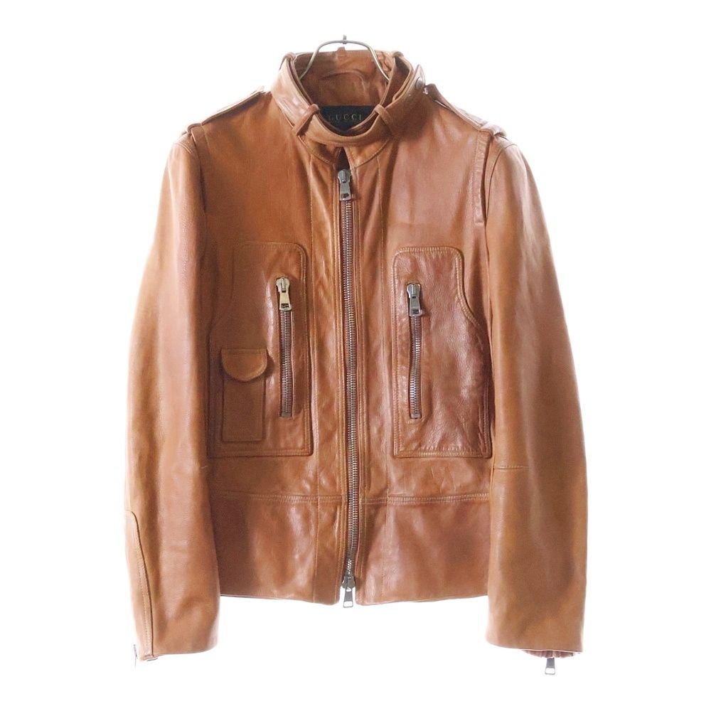 美品✨グッチ シングルライダースジャケット レザー切替　フルジップ　ブラウン GUCCI (グッチ) イタリア製 フロントジップ カウレザー シングル