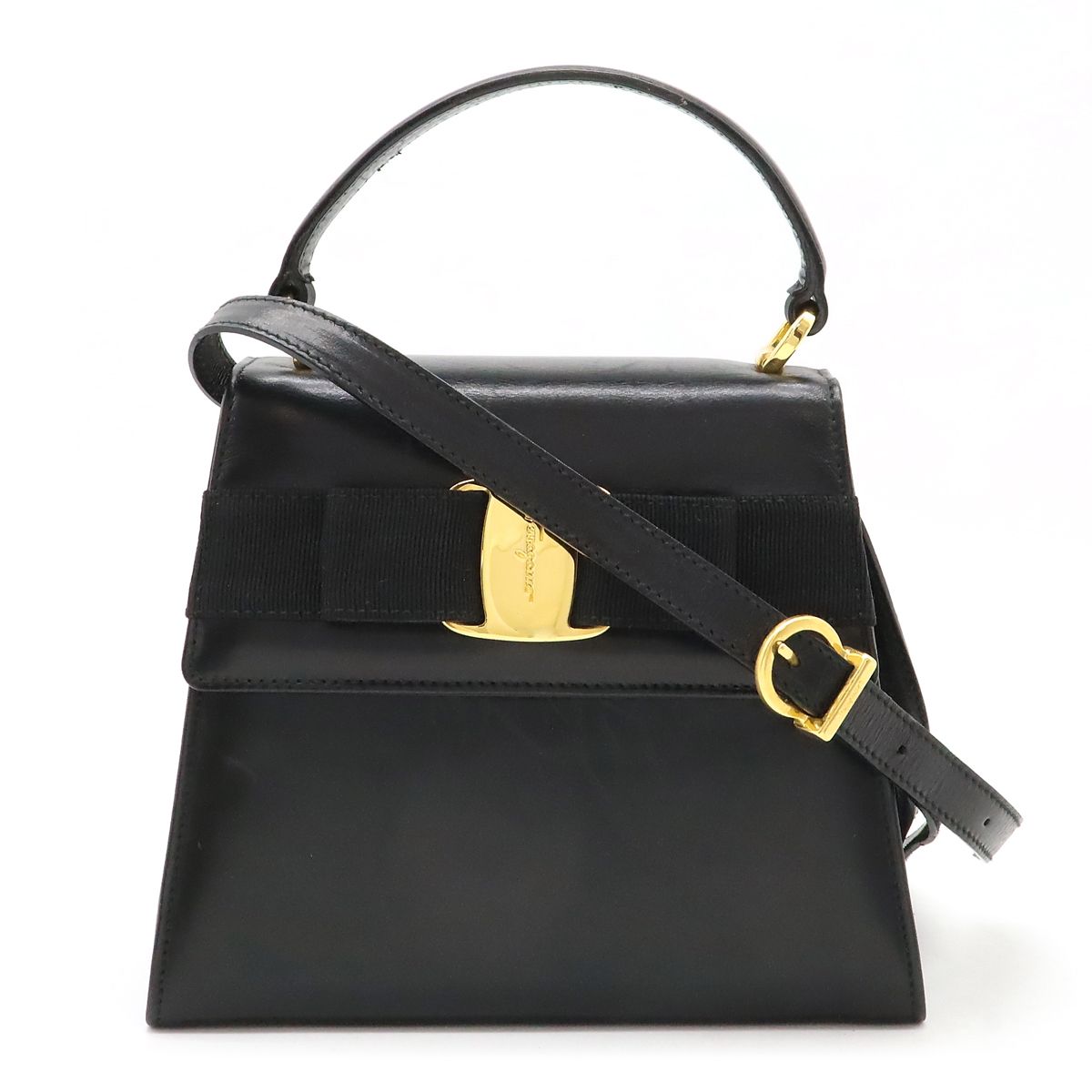 Salvatore Ferragamo サルヴァトーレ フェラガモ ヴァラ ハンドバッグ ミニバッグ フラップバッグ 2WAY ショルダーバッグ ブラック 黒 ゴールド金具