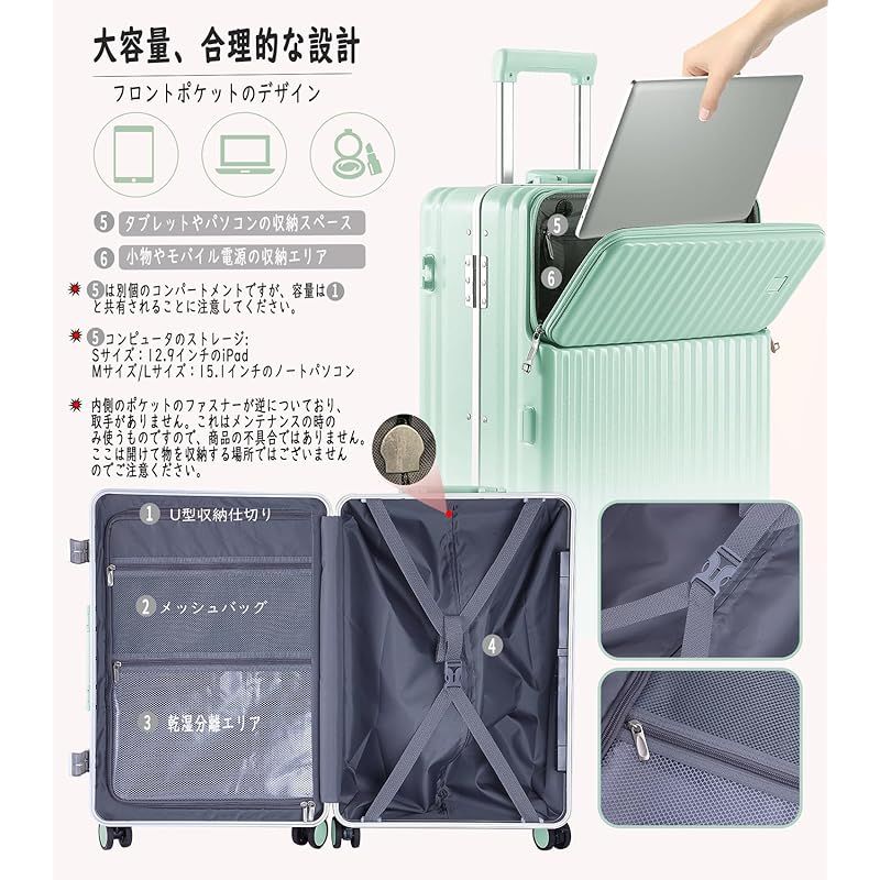 Ashard ミントグリーン 多機能付きハードシェルキャリーケース