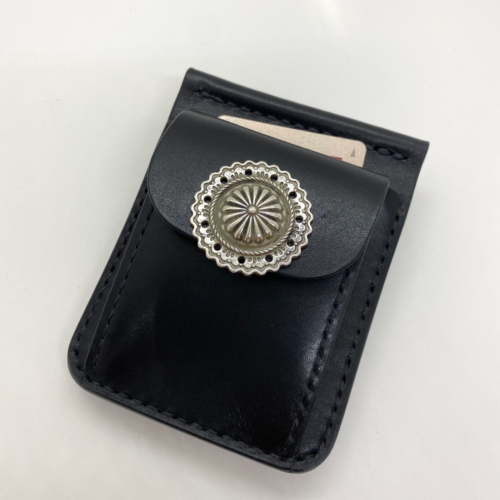 本革レザー ショート財布 マネークリップ フラワーコンチョ