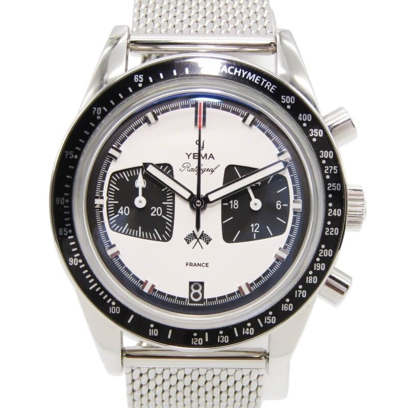 美品 YEMA イエマ ラリーグラフ YMHF1572-BM クオーツ パンダ クロノグラフ SS 39mm アナログ メンズ レディース ホワイト 白 28009516