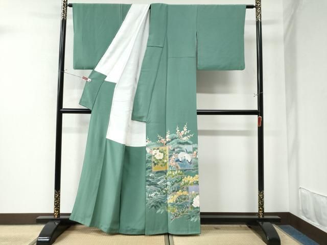 平和屋着物 十日町友禅作家 阿部佳雪 色留袖 色紙群鶴浜松花文 正絹 CAAW8387yc