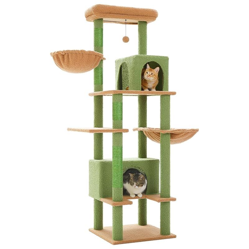 PAWZ Road キャットタワー 多頭飼い 大型猫用 スリム 猫タワー 大型 爪研ぎ 麻紐 ハンモック 据え置き 省スペース 人気 おしゃれ かわいい シンプル おもちゃ 運動不足 安定 頑丈 大型猫 - グリーン 170cm 1