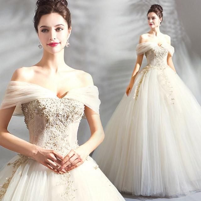ウェディングドレス オフショルダー Aライン ロング丈 ロングドレス チュール 結婚式ドレス 豪華 キレイめ ドレス 披露宴 挙式 花嫁ドレスLYX春物最旬