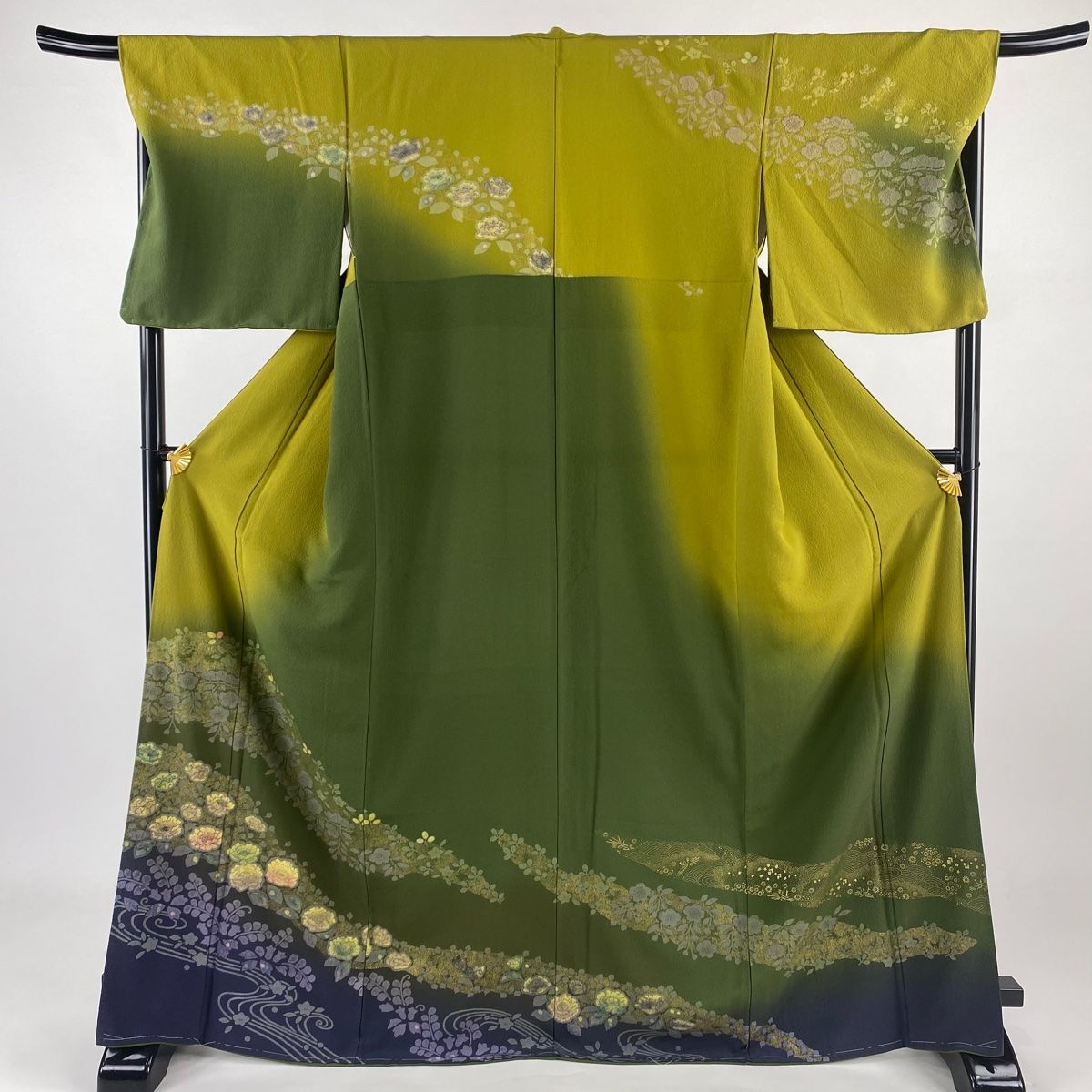 バイセル 着物 名品 訪問着 紺色 草花 金彩 絞り 正絹 袷（10月～5月）身丈152cm 裄丈63cm☆☆☆☆ 訪問着 身丈157.5cm 裄丈64cm M 紗絽袷 紗絽合わせ 葡萄 草花 紺色