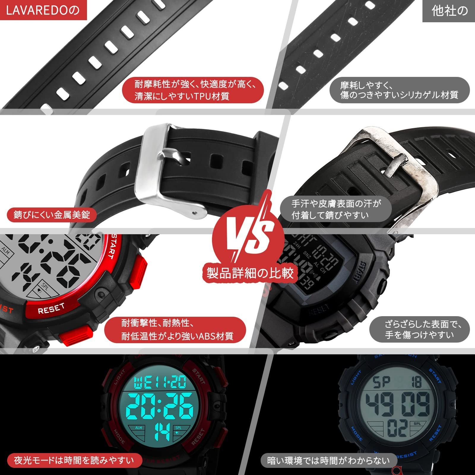 50メートル防水 日付 デジタル 曜日 アラーム LED表示 付き メンズ スポーツウォッチ おしゃれ アウトドア 腕時計 デジタル腕時計 防水腕時計 取扱説明書付き