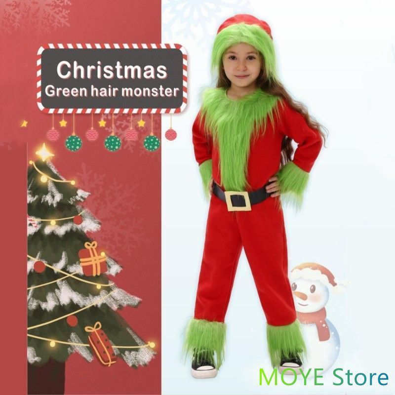 クリスマス グリンチ コスプレ 子供服 コスチューム 衣装 キッズ ロンパース 帽子 ウエストベルト キャラクター 男女兼用 演出服 誕生日 発表会 M(115cm-125cm)