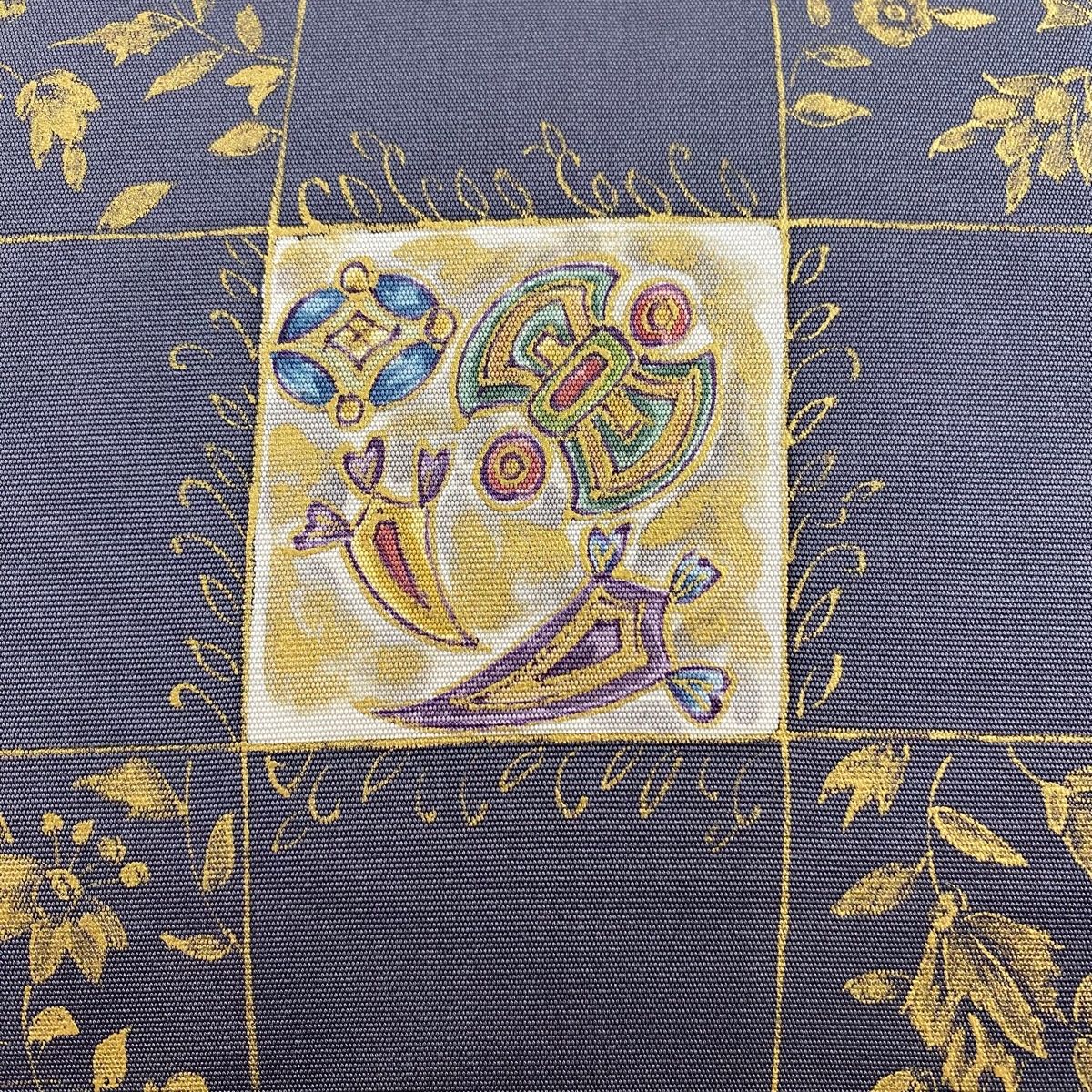 名古屋帯 秀品 草花 格子 金彩 黒灰 正絹