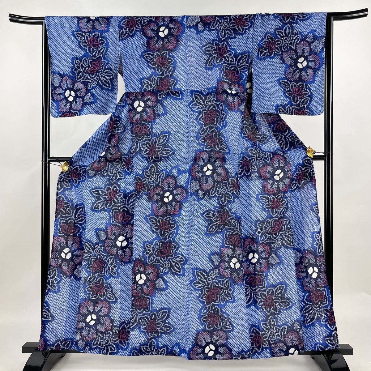 浴衣 身丈161cm 裄丈65cm M 絞り浴衣 草花 藍色 綿 名品