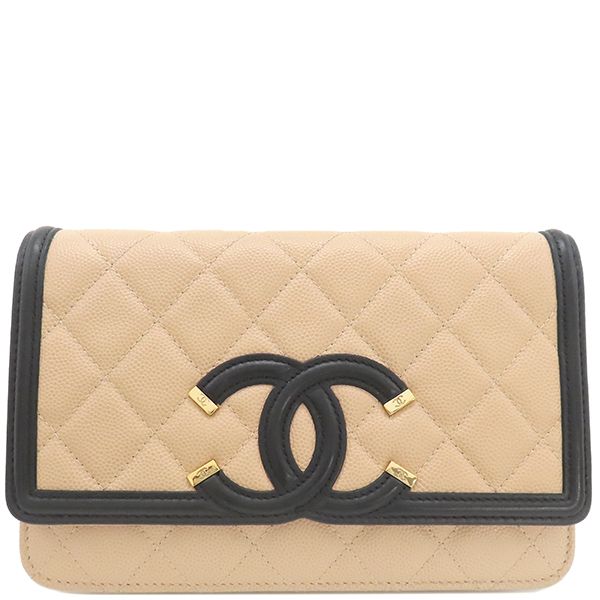 シャネル CHANEL チェーンウォレット CCフィリグリー キャビアスキン ベージュ×ブラック ゴールド金具 チェーンショルダー AP0250 30****** 保存袋