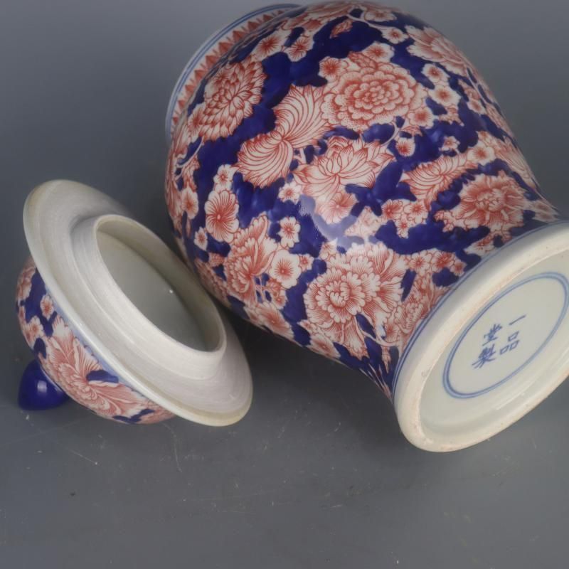 青釉裏紅万紋将軍壺 景徳鎮 陶磁器 装飾品 現代工芸品 美術品