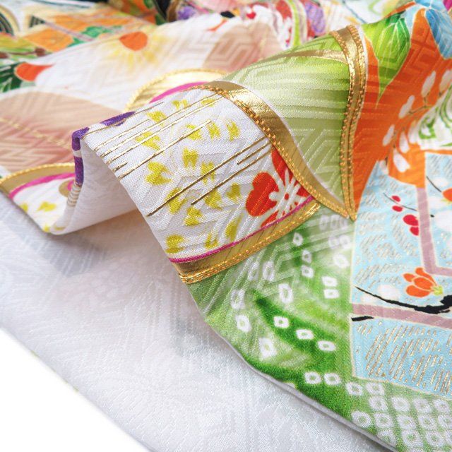 中振袖 正絹 縮緬 金銀彩 金糸 日本刺繍 花草流水 昭和レトロ アンティーク 中古 振袖 綸子 正絹 古典柄 金駒刺繍 袷仕立て 身丈167cm 裄丈