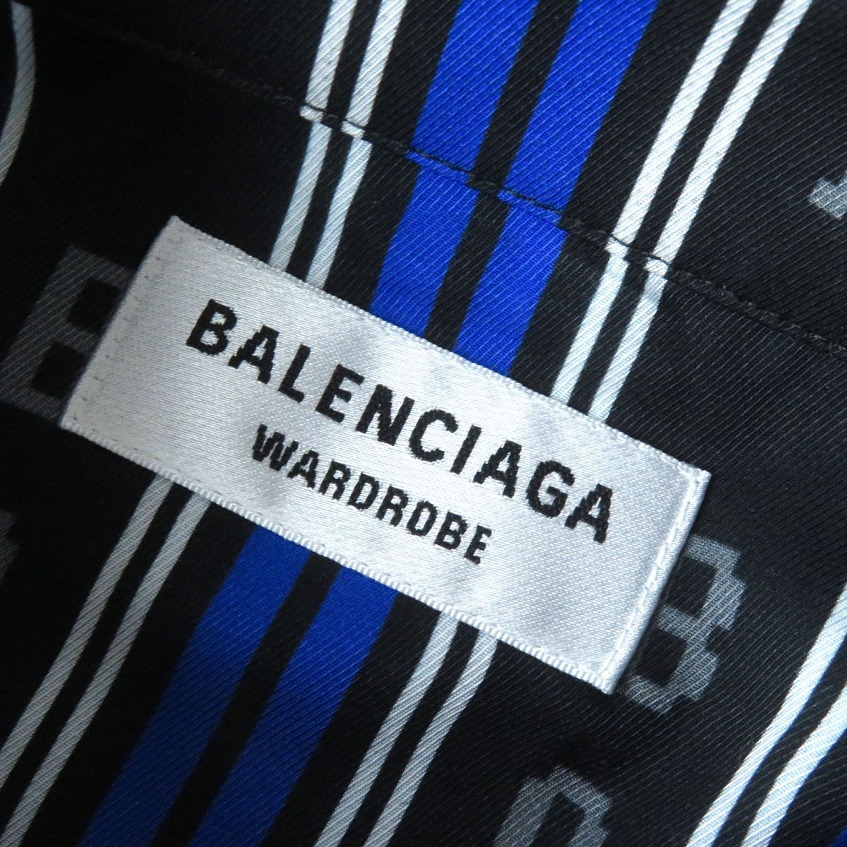 美品△正規品 20SS BALENCIAGA バレンシアガ WARDROBE 658956 ロゴストライプ柄 レーヨン100％ 長袖 シャツ  レディース ブルー系マルチ 34