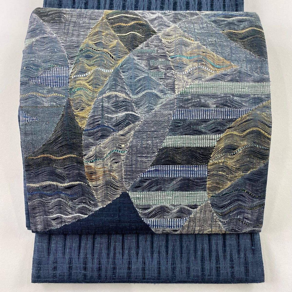 袋帯 秀品 幾何学模様 金銀糸 箔 青灰色 お太鼓柄 正絹