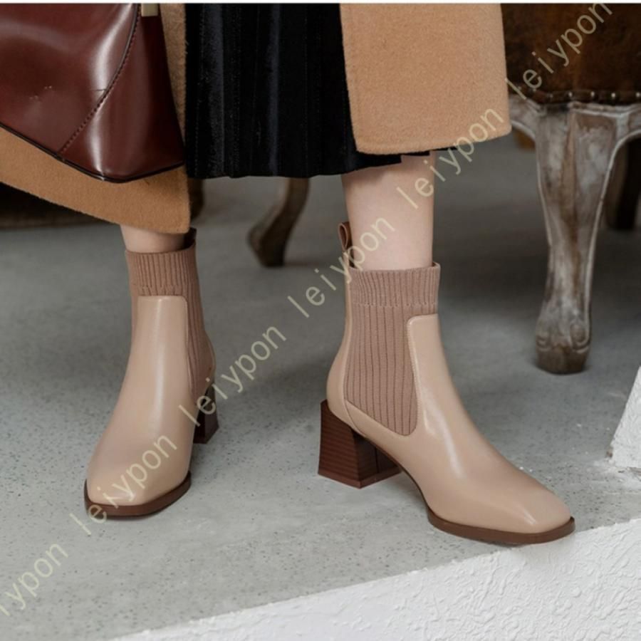 ショートブーツ レディース ブーツ ハイヒール スクエアトゥ チャンキーヒール 太ヒール ニットブーツ ソックスブーツ ミドル丈 ミディアム ミドル 秋冬 本革