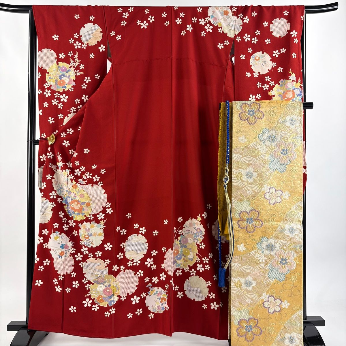 振袖 身丈162.5cm 裄丈67cm M 袷 袋帯フルセット 雪輪 桜 金糸 金彩 赤 正絹