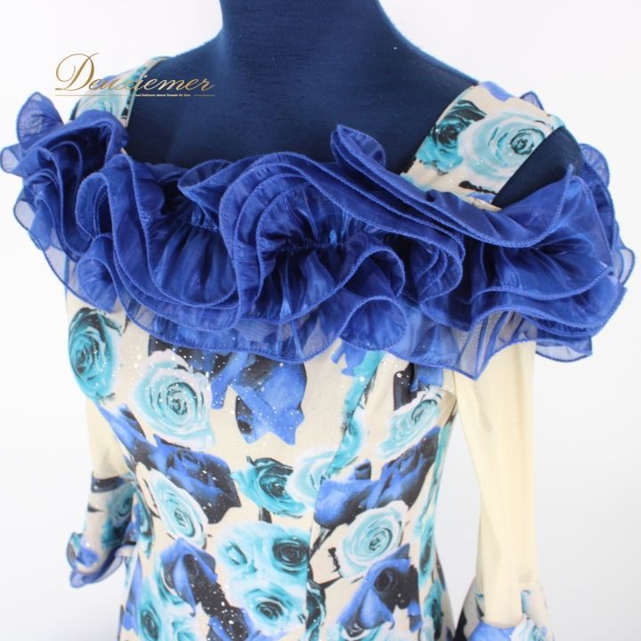 社交ダンス 衣装 ドレス ワンピース レッスンウェア パーティ衣装 女性用 レディース オールシーズン ホワイト系 ブルー系 ICHIOKU イチオク 青 黒 水色 花柄 フラメンコ ドレス 花柄 デザイン エレガント 上品 レッスン 競技会