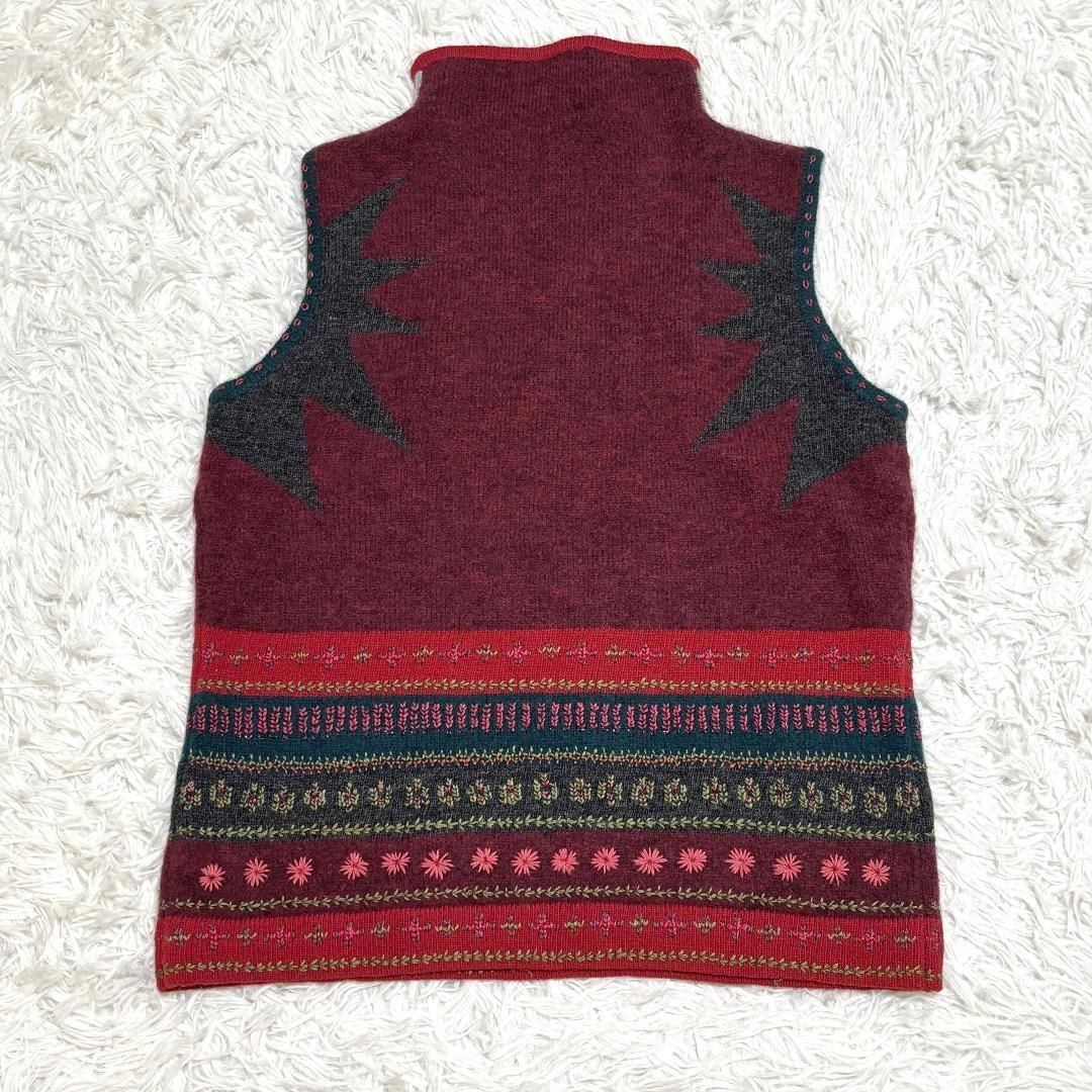  KENZO ハイネック ベスト 羊毛 ウール ラメ刺繍 レッド 総柄 ノースリーブ ニット セーター