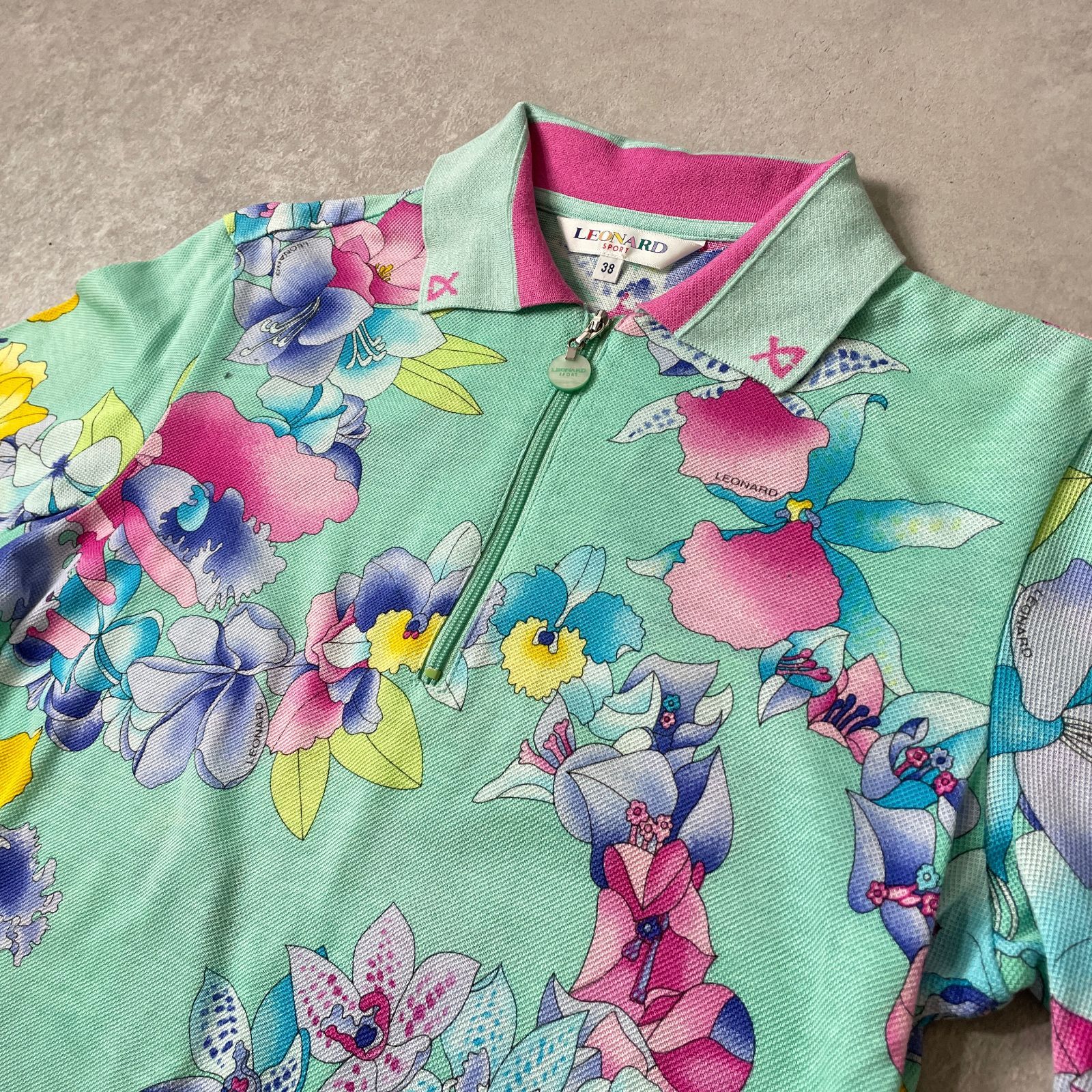 LEONARD 花柄 ハーフジップ コットン ポロシャツ レオナール