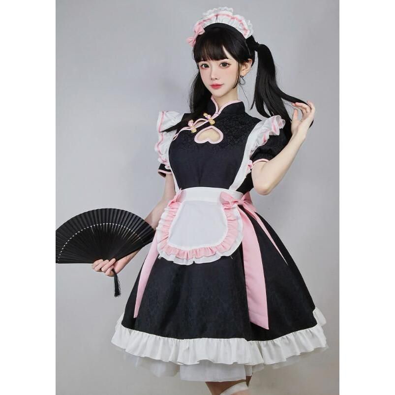 メイド服 女性 中華風 メイドコスプレ 衣装 半袖 膝丈 ショート メイド服 女性 中華風 メイドコスプレ 衣装 半袖 膝丈 ショート