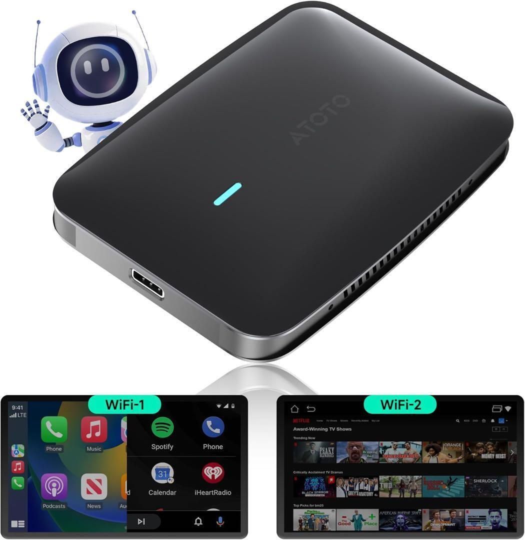 CarPlay-Android Auto をワイヤレス化 AI Box ワイヤレス CarPlay - Android Auto 対応 カーナビで動画視聴 ChatGPT搭載 デュアルWiFi