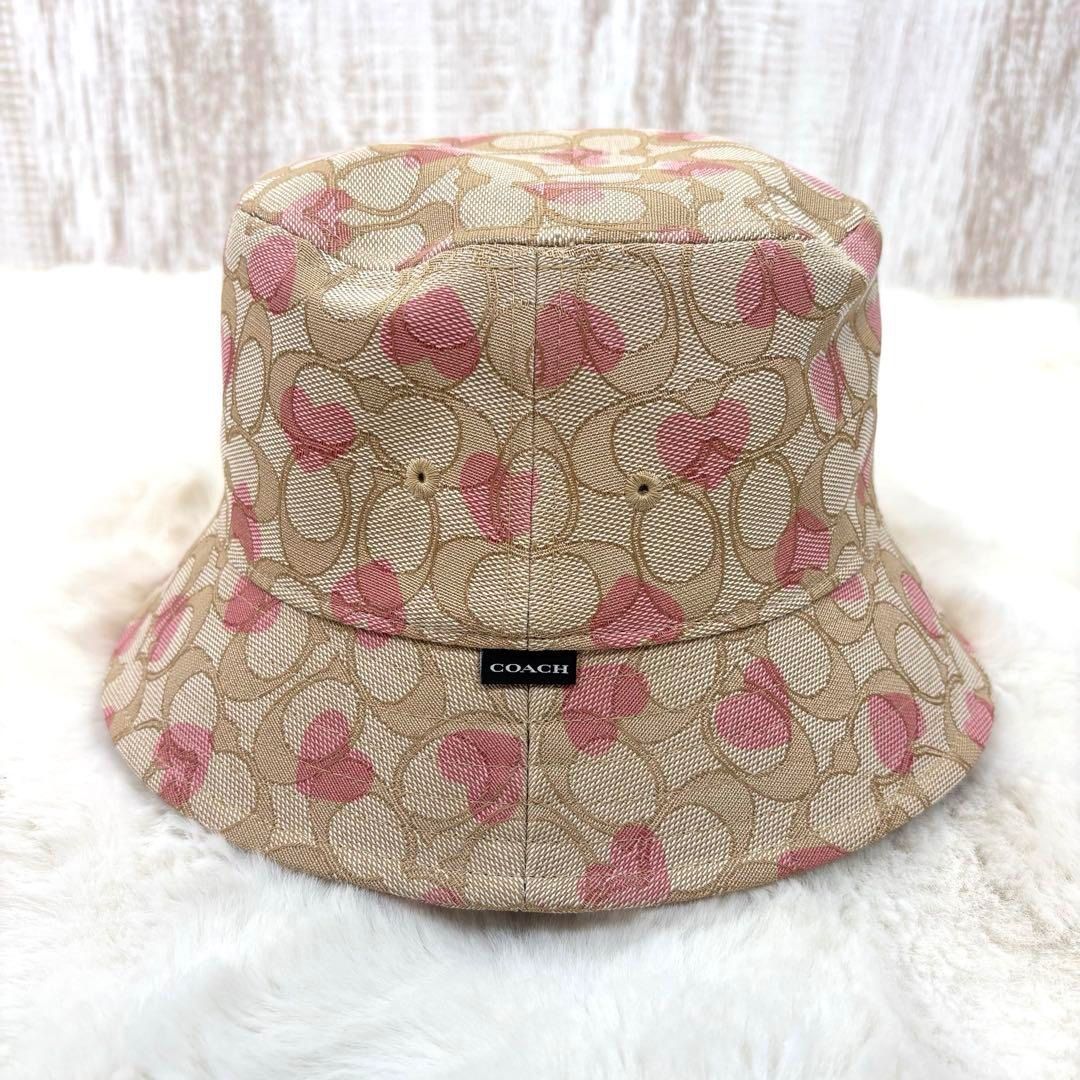 品 COACH コーチ シグネチャー ハート プリント 総柄 バケットハット ピンク