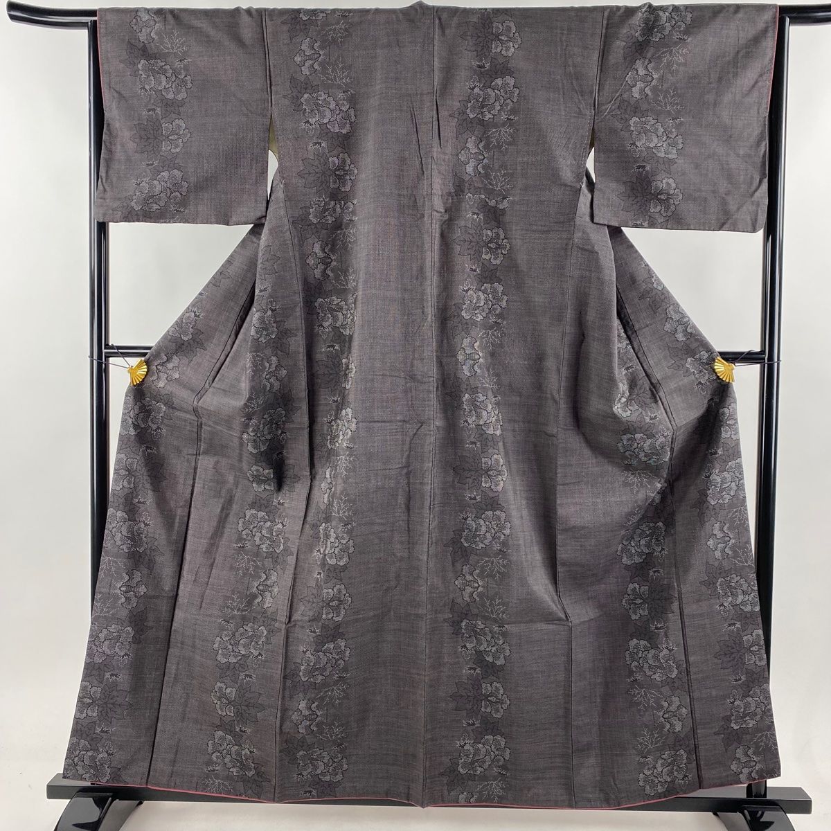 紬 身丈158cm 裄丈64.5cm M 袷 草花 焦茶色 正絹 秀品