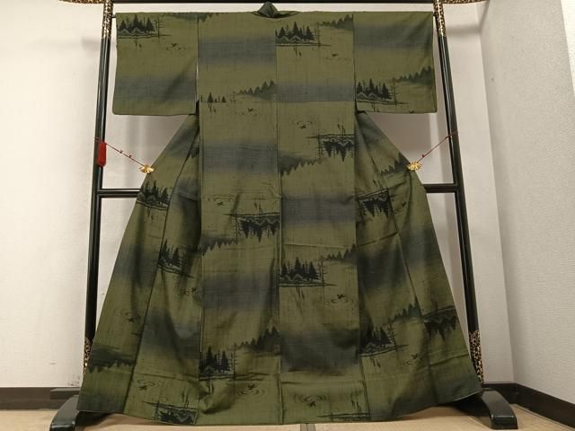 平和屋着物●上質な紬　水辺樹林　鳥　正絹　逸品　AABB2931ph 平和屋着物○上質な紬 水辺樹林 鳥 正絹 逸品 AABB2931ph