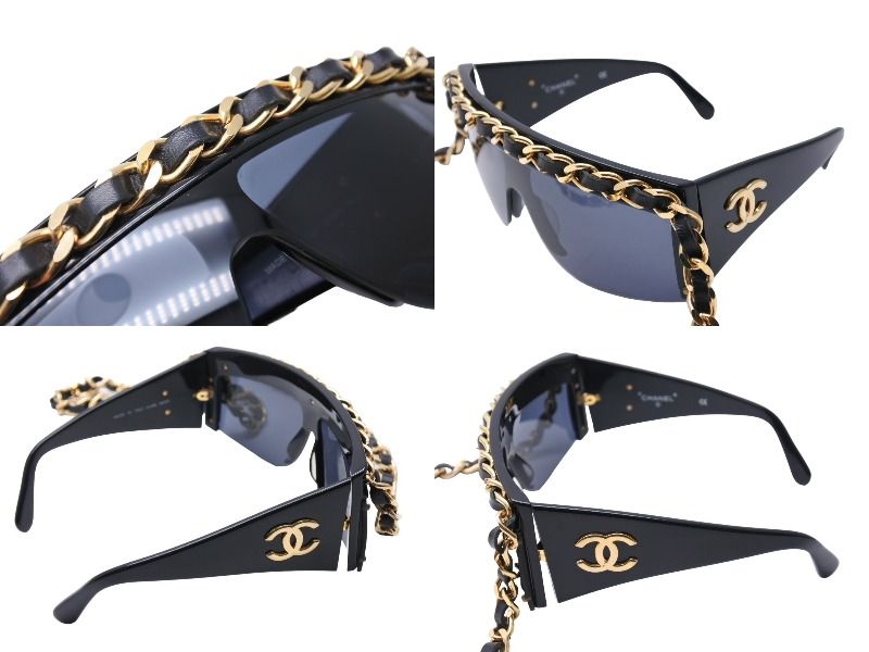 CHANEL サングラス ココマーク ブラック ゴールド メタル レザーチェーン CHANEL （未使用 展示品）シャネル スクエア シェイプ アイ