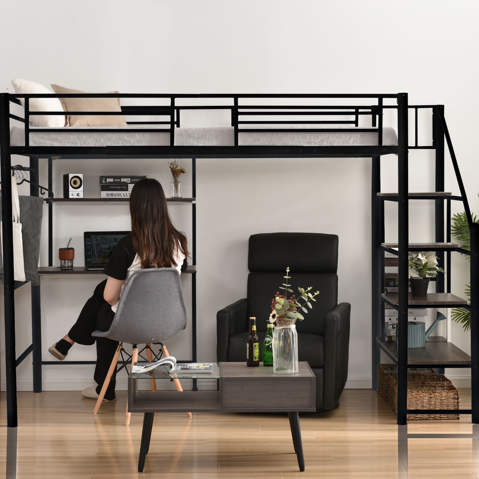 ホワイト】 システムベット ロフトベッド シングル スチールネット付き