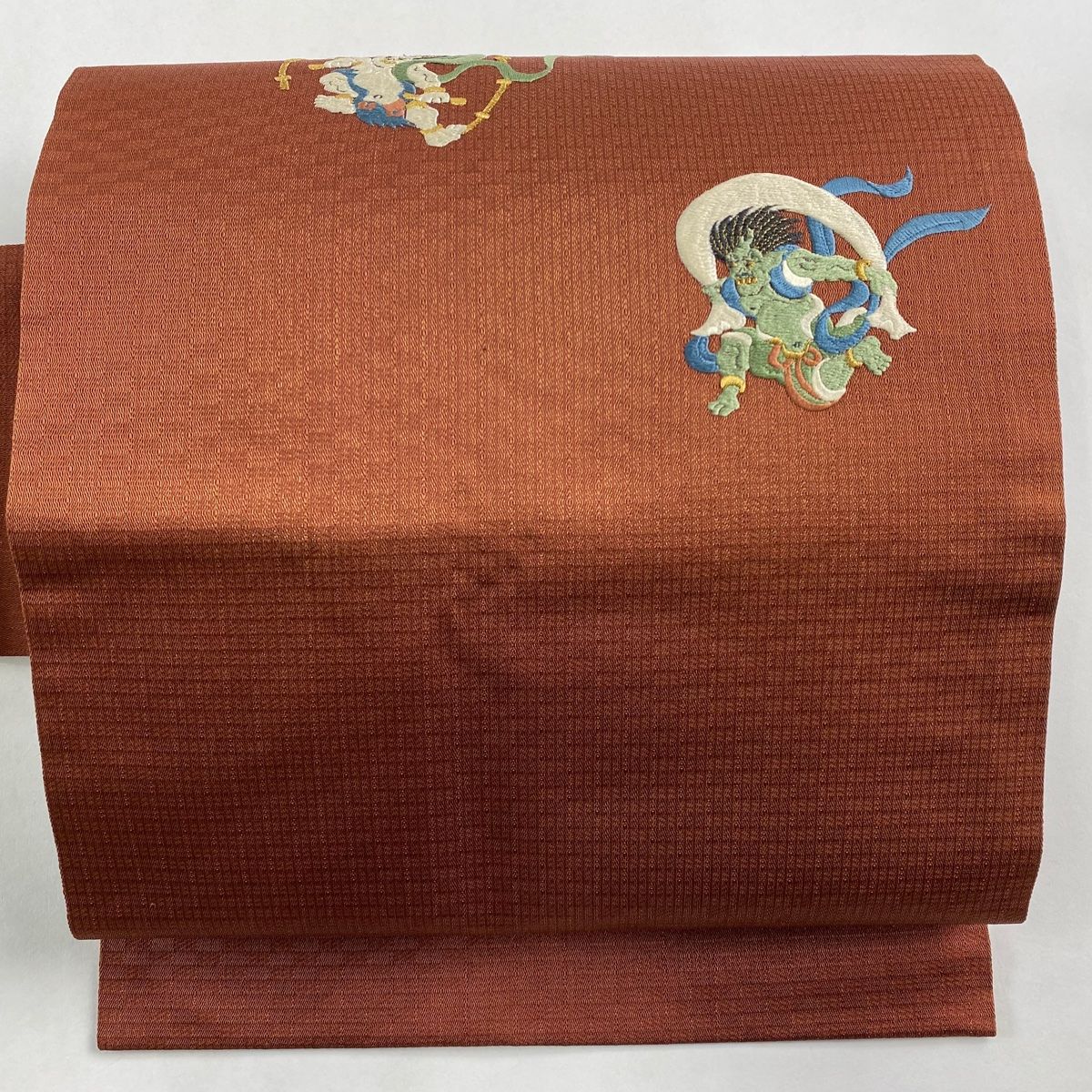 名古屋帯 秀品 風神雷神 金糸 刺繍 赤茶 正絹