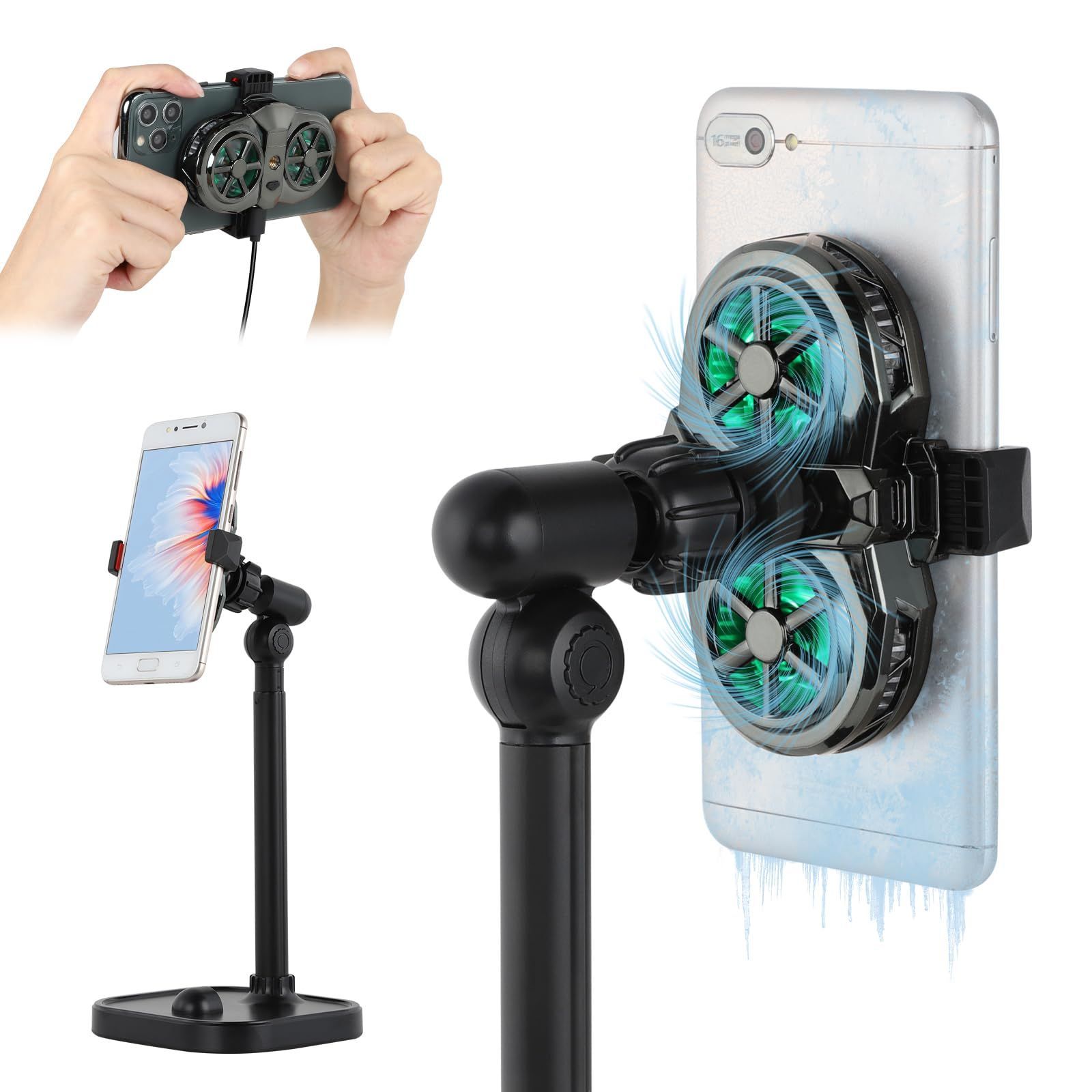 UTEBIT スマホ冷却スタンド 3段階調節 卓上 携帯スタンド スマホ冷却ファン付き 急速冷却 23-33CM高さ調整 スマホホルダー 冷却 360回転可能 Type-Cケーブル付き 静音設計 横/縦置き iPhone/Android対応