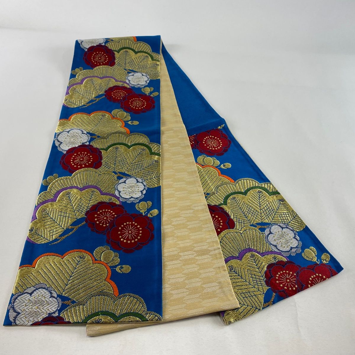 袋帯 美品 秀品 振袖向き 笠松 梅 金糸 青 六通 正絹 【中古
