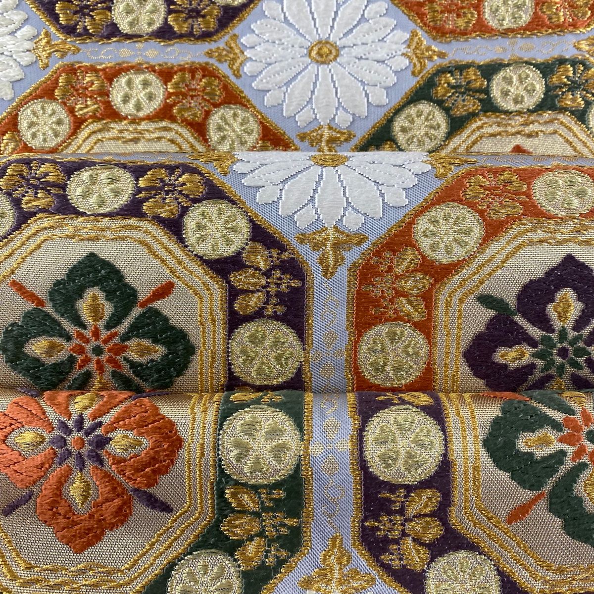 袋帯 美品 逸品 落款 河合康幸 華文 花 金糸 唐織 青灰色 六通 正絹
